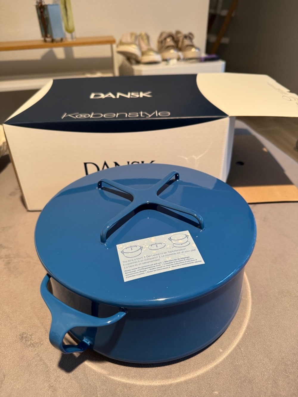 Dansk Blue Enamel Covered Pan with Cross-Detail Lid. 4.37 qt